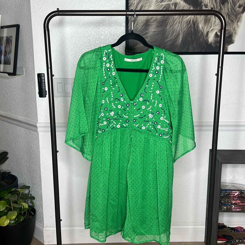 Zara Basic Romper Women's Green Plumetis Embroidered Polka Dot - Large